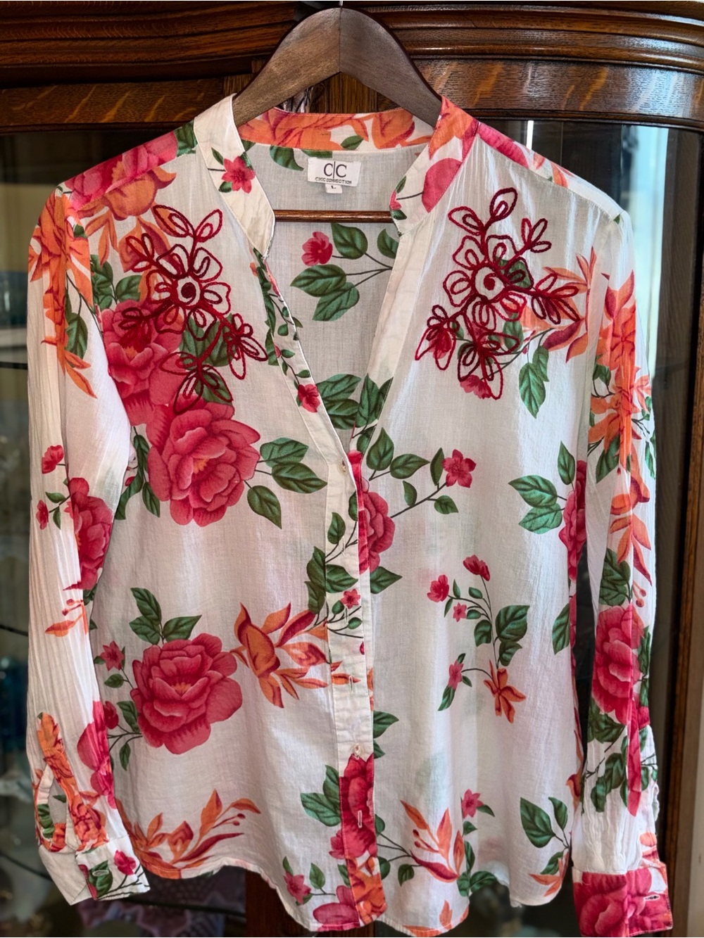 Chic Connection Embroidered Floral Button-Down Blouse with Pink & Green Accents